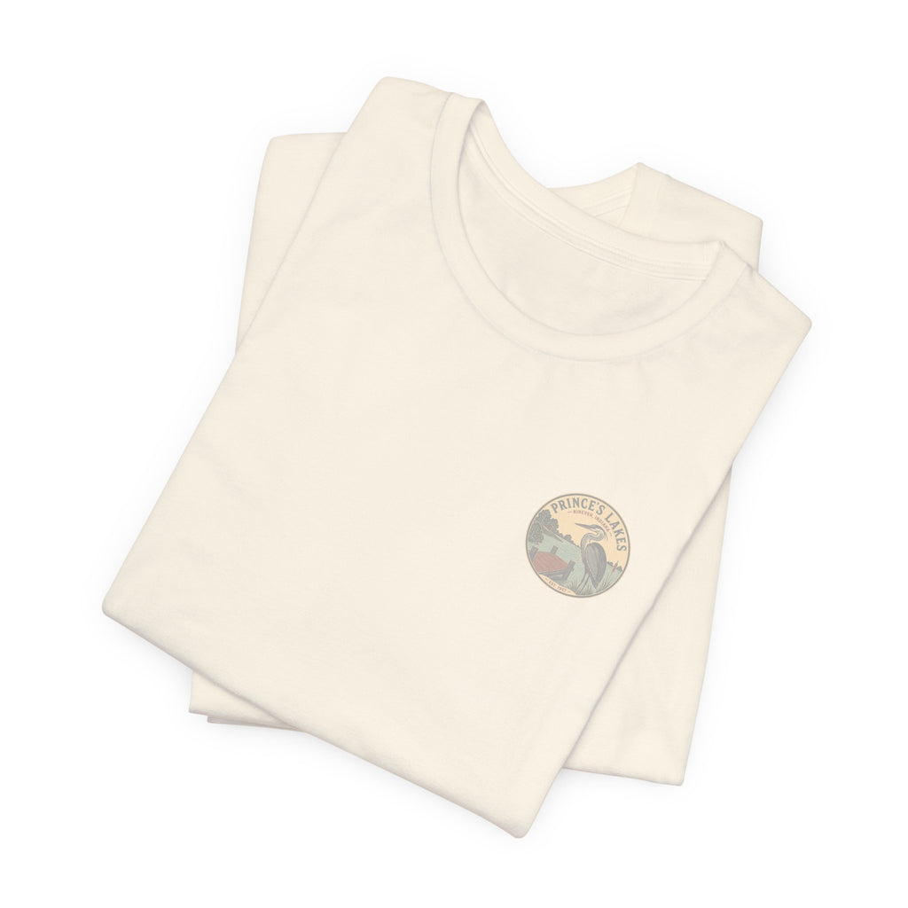 Prince's Lakes Great Blue Heron Graphic Tee — Vintage Nature Pocket & Back Print