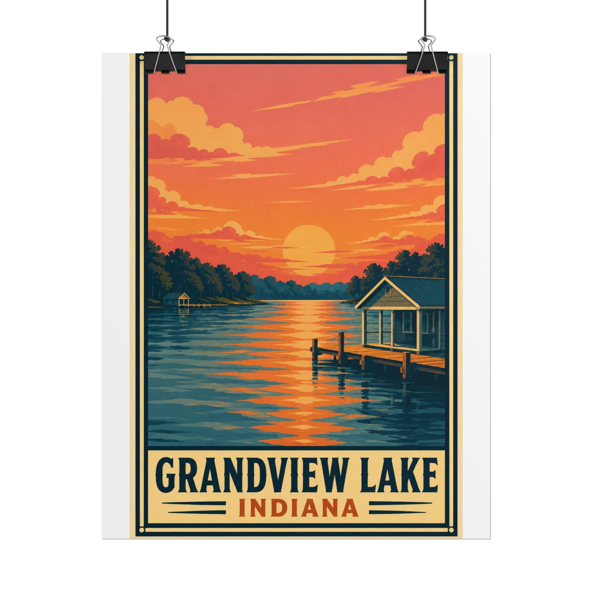 Grandview Lake Indiana Sunset Poster — Vintage Lakeside Travel Print