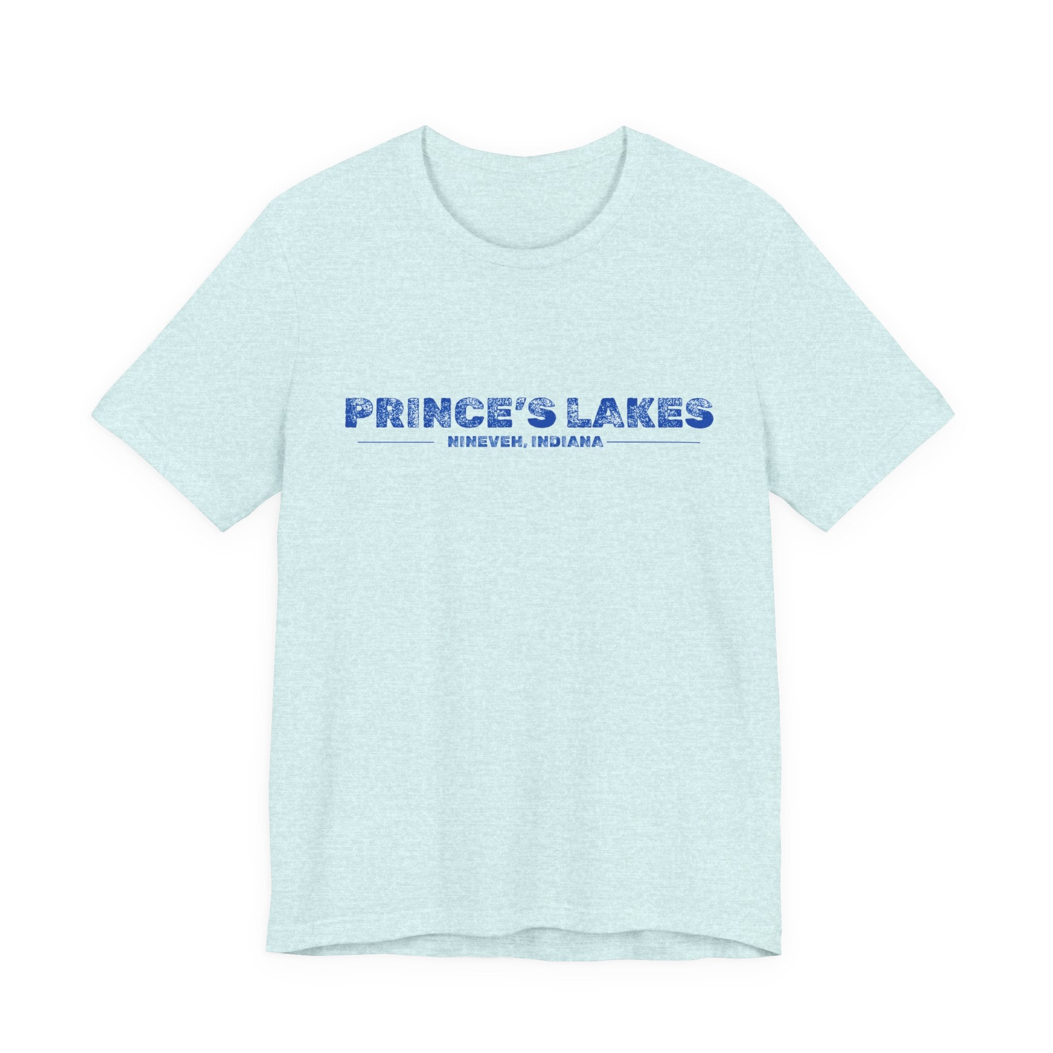 Prince's Lakes, Indiana Tee — Vintage Blue Text Short Sleeve T-Shirt