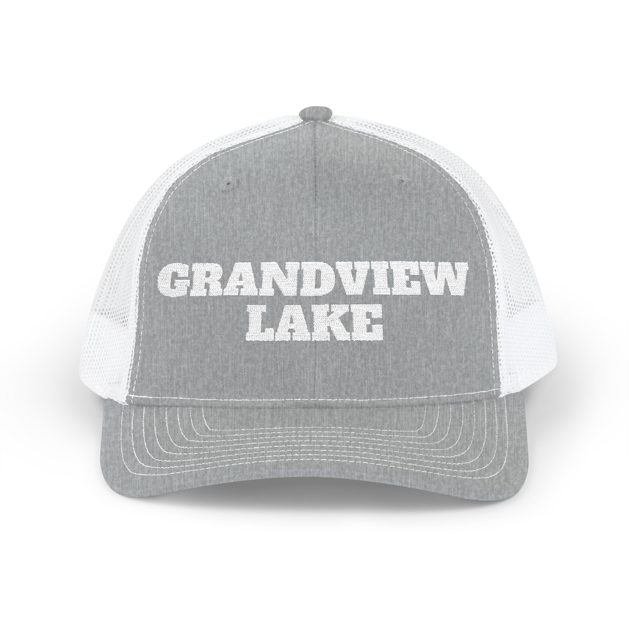 Grandview Lake Trucker Hat — Vintage White Mesh Snapback Cap