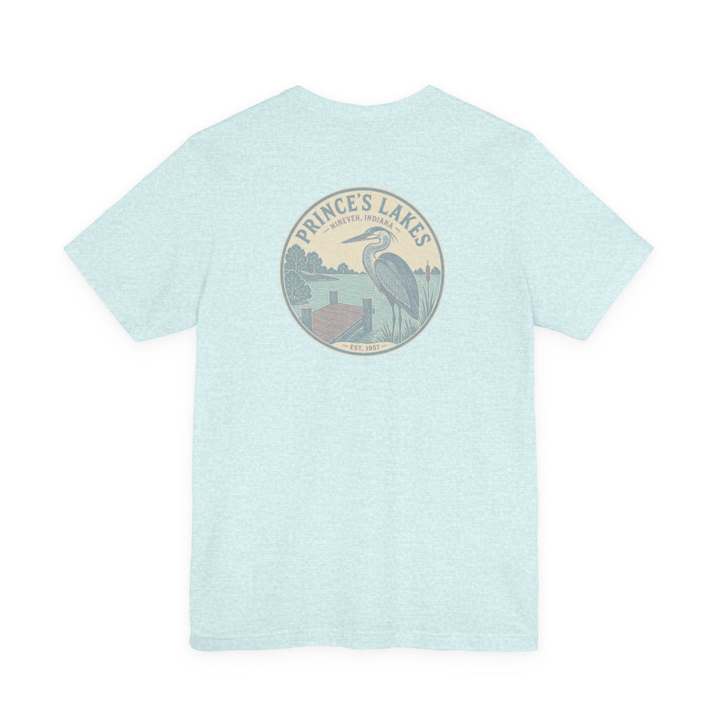 Prince's Lakes Great Blue Heron Graphic Tee — Vintage Nature Pocket & Back Print