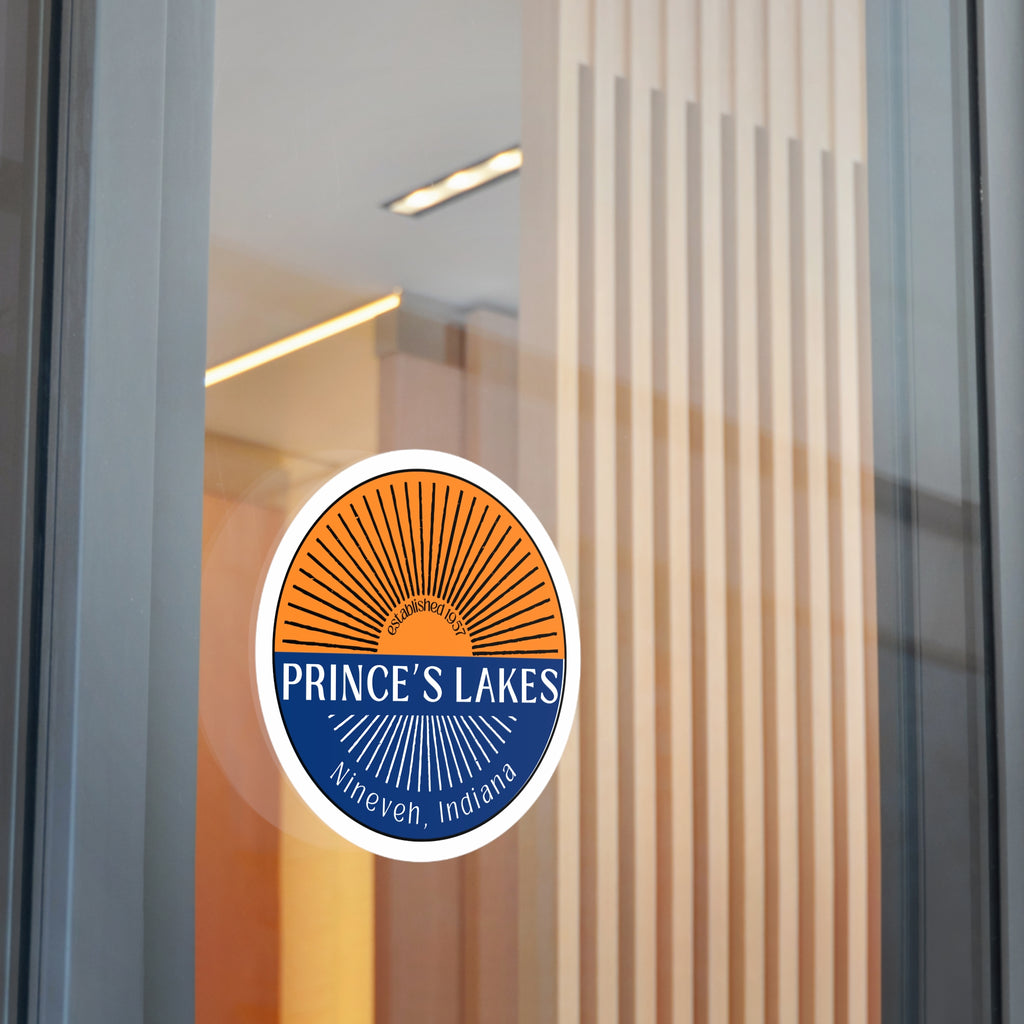 Prince's Lakes Round Vinyl Sticker — Nineveh, Indiana Split Sunrise Design