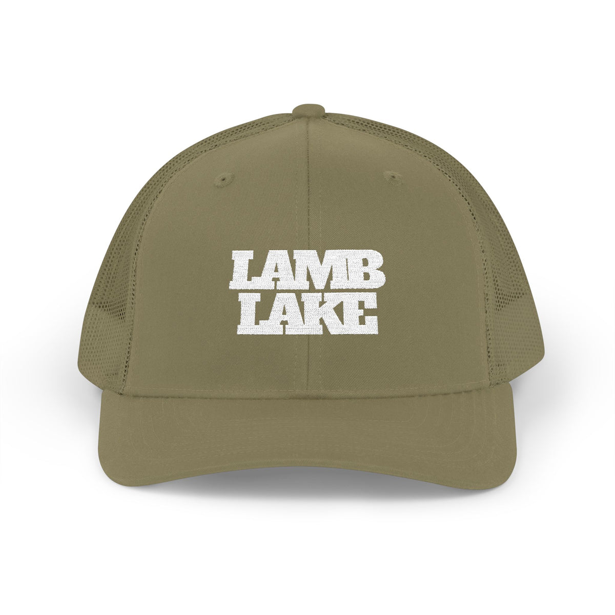 Lamb Lake Trucker Hat — Vintage White Mesh Snapback Cap
