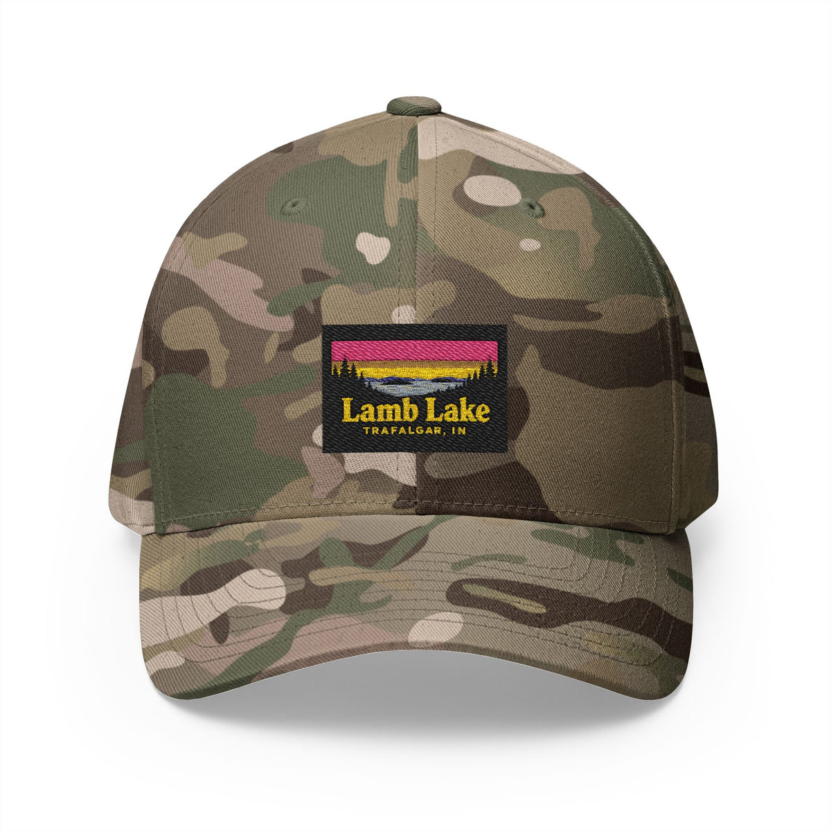Lamb Lake Embroidered Cap — Scenic Lake Sunset Hat