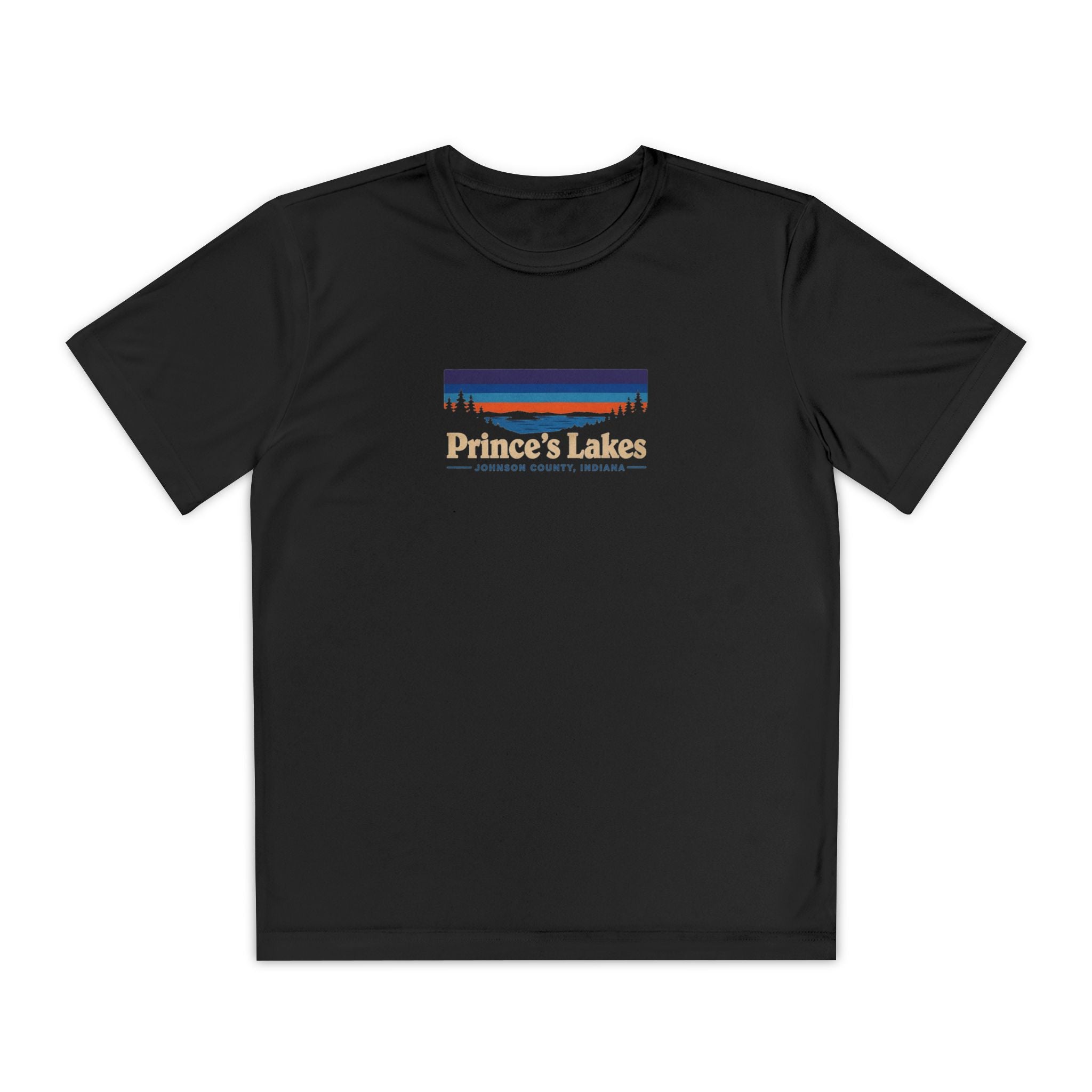 Prince's Lakes Youth Performance Tee — Retro Sunset Camp Shirt