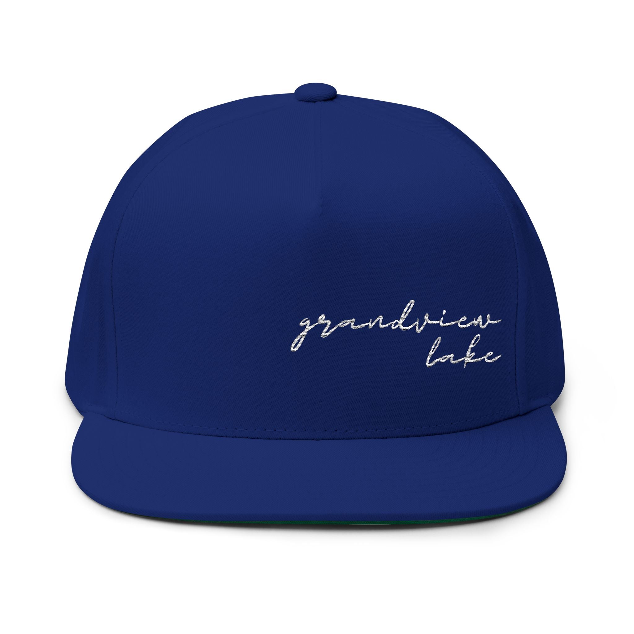 Grandview Lake White Script Embroidered Flat Bill Cap