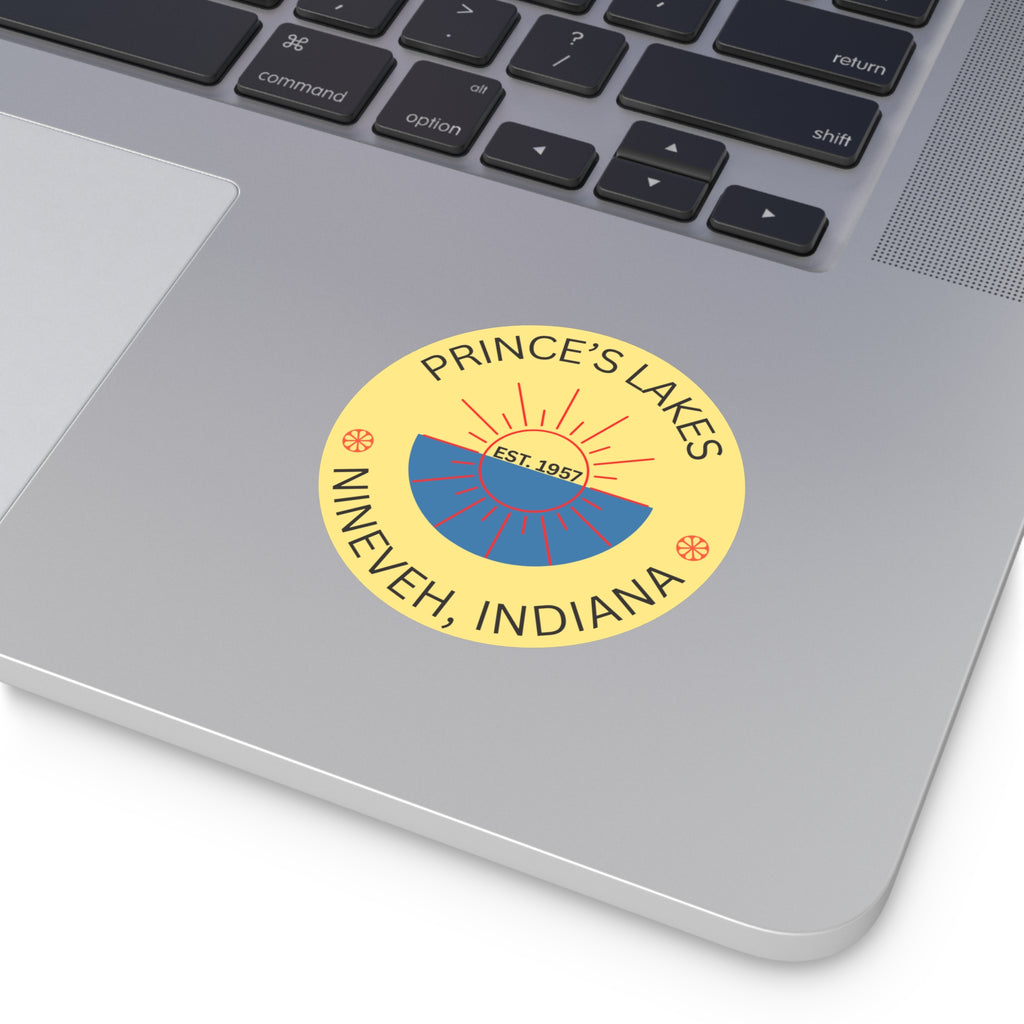 Prince's Lakes Round Vinyl Sun-over-Water Sticker — Nineveh, Indiana Est. 1957