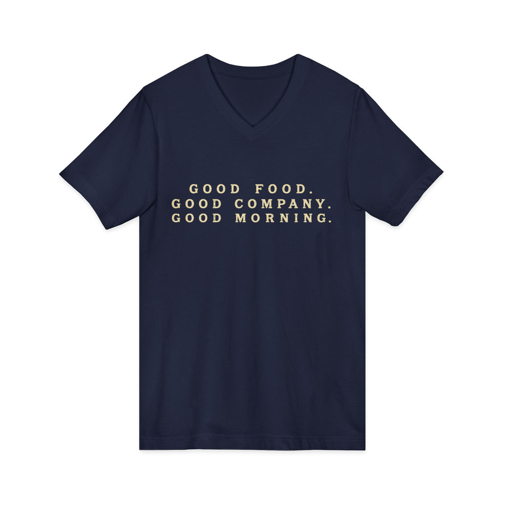 Good Food Good Company Good Morning V-Neck Tee — Retro Lake Breakfast Club Graphic Shirt