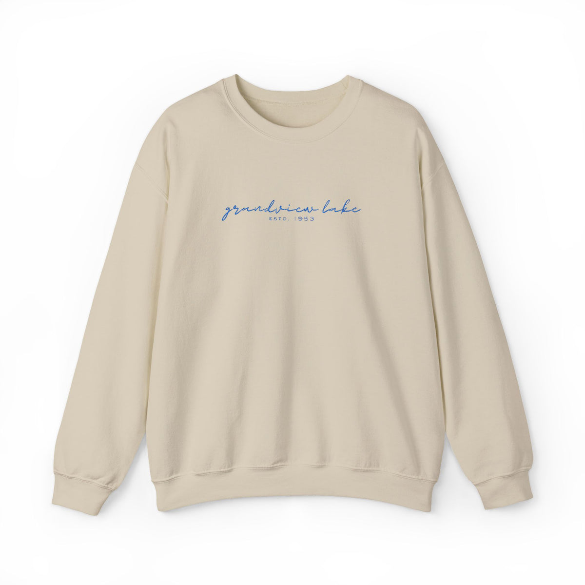 Grandview Lake Script Embroidered Unisex Sweatshirt — Minimal Blue Handwritten Logo Crewneck