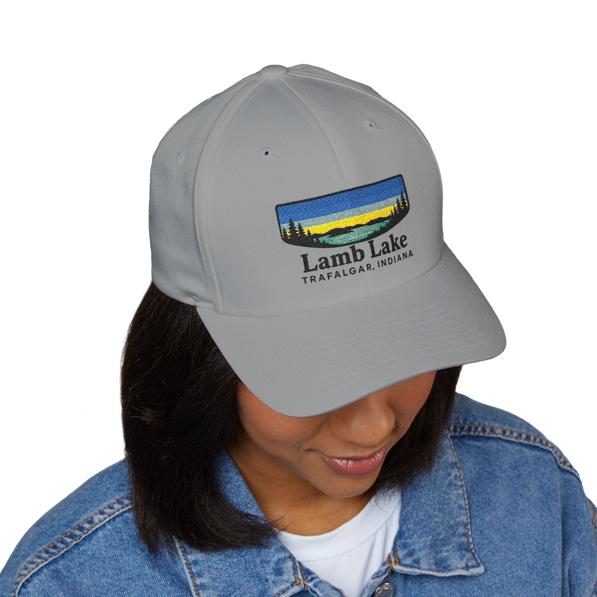 Lamb Lake Embroidered Cap — Scenic Lake Sunset Hat