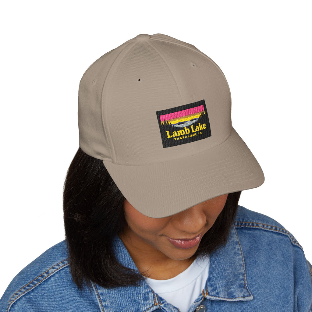 Lamb Lake Embroidered Cap — Scenic Lake Sunset Hat