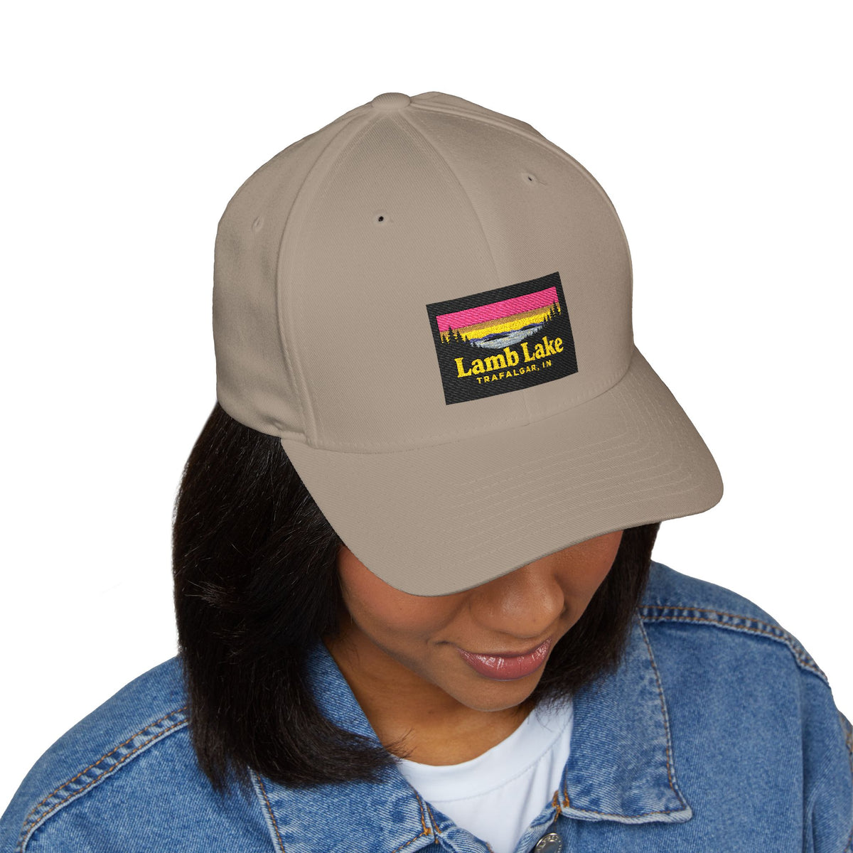Lamb Lake Embroidered Cap — Scenic Lake Sunset Hat