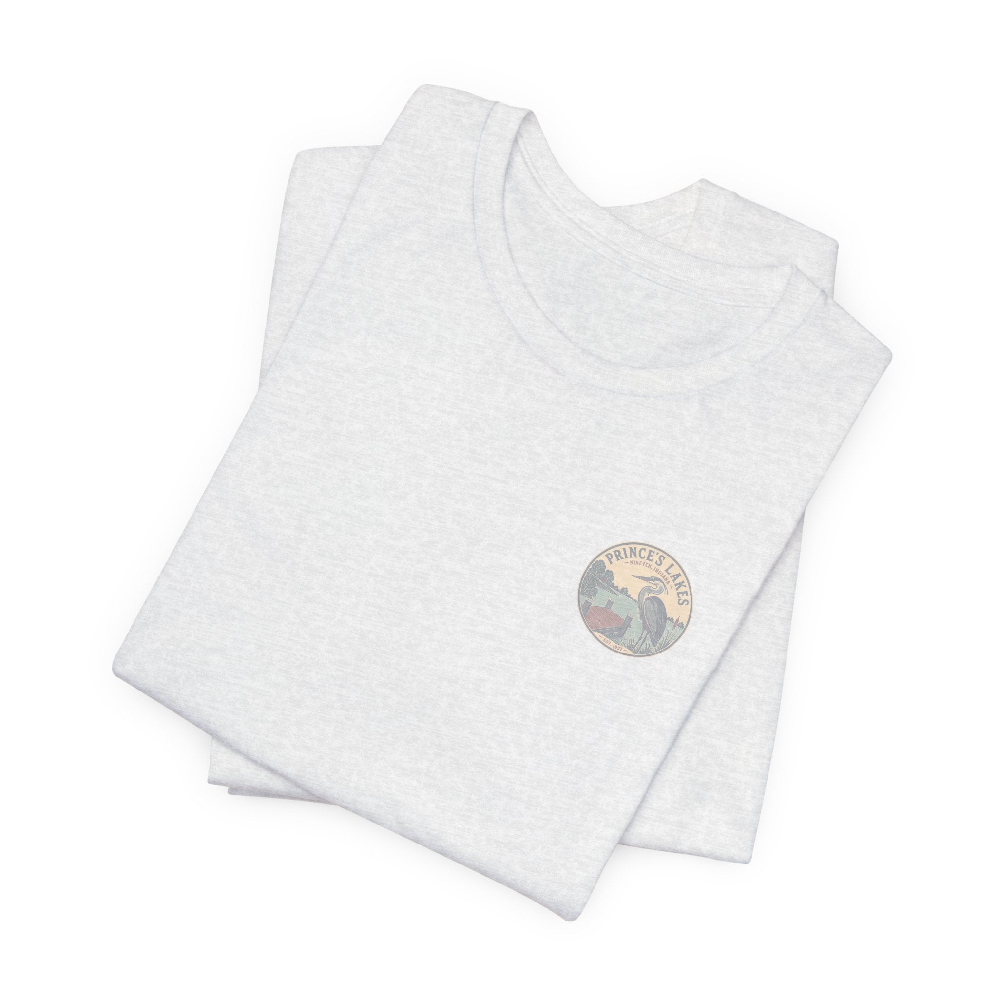 Prince's Lakes Great Blue Heron Graphic Tee — Vintage Nature Pocket & Back Print