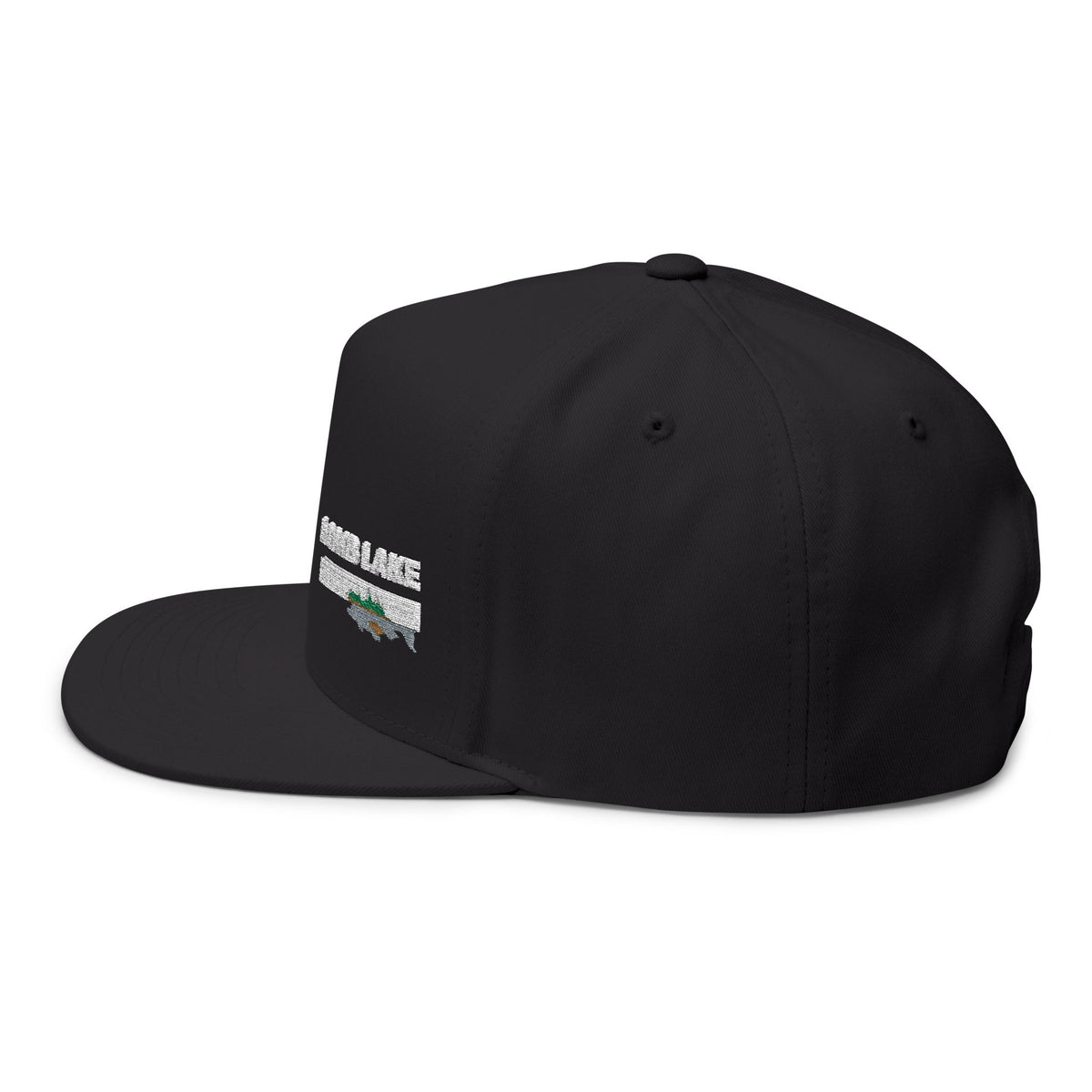 Lamb Lake White Embroidered Flat Bill Cap — Fishing & Lake Life Snapback