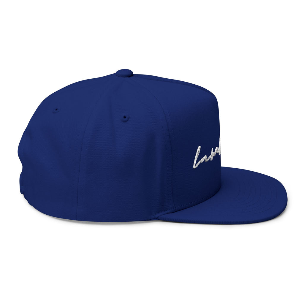 Lamb Lake White Script Embroidered Flat Bill Cap