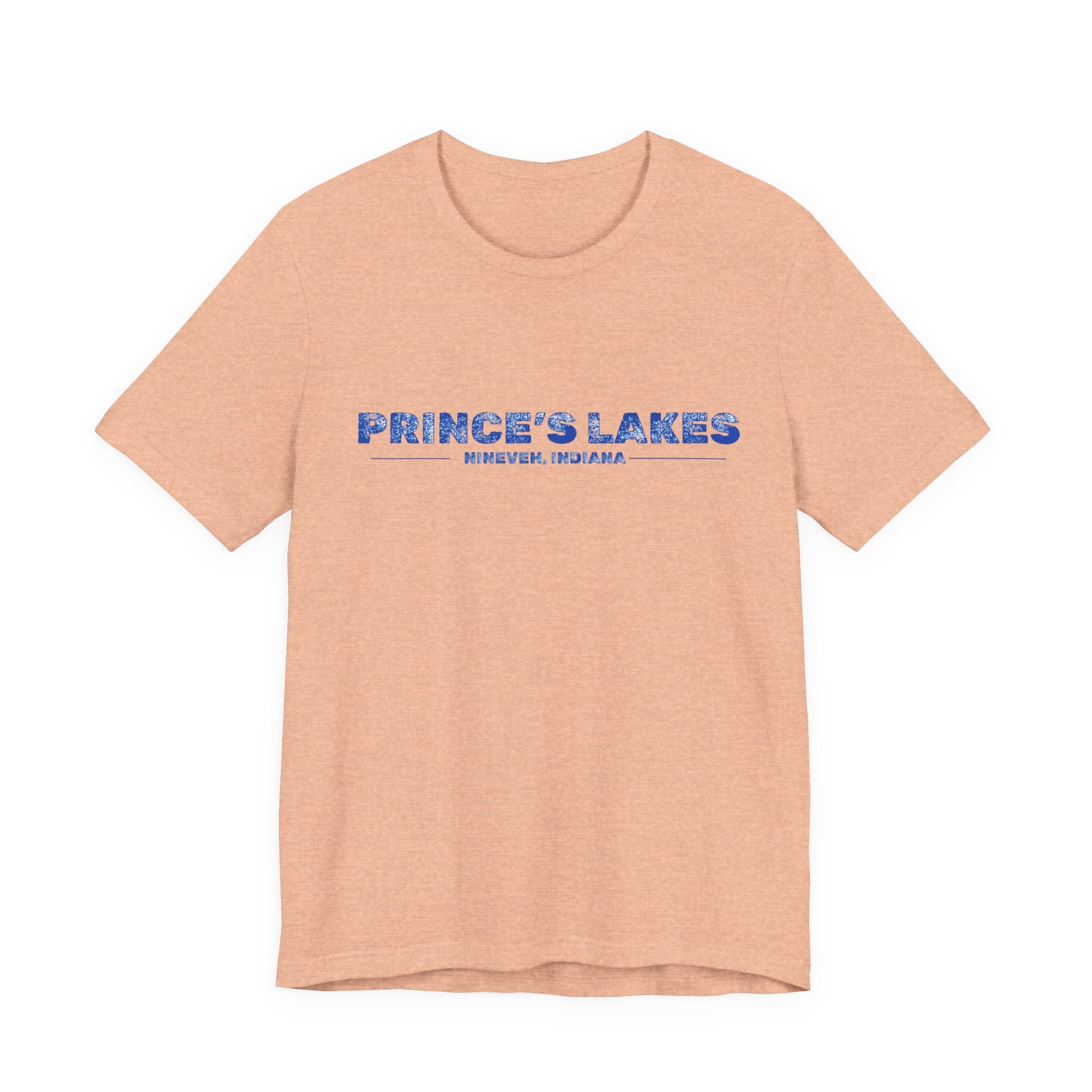 Prince's Lakes, Indiana Tee — Vintage Blue Text Short Sleeve T-Shirt