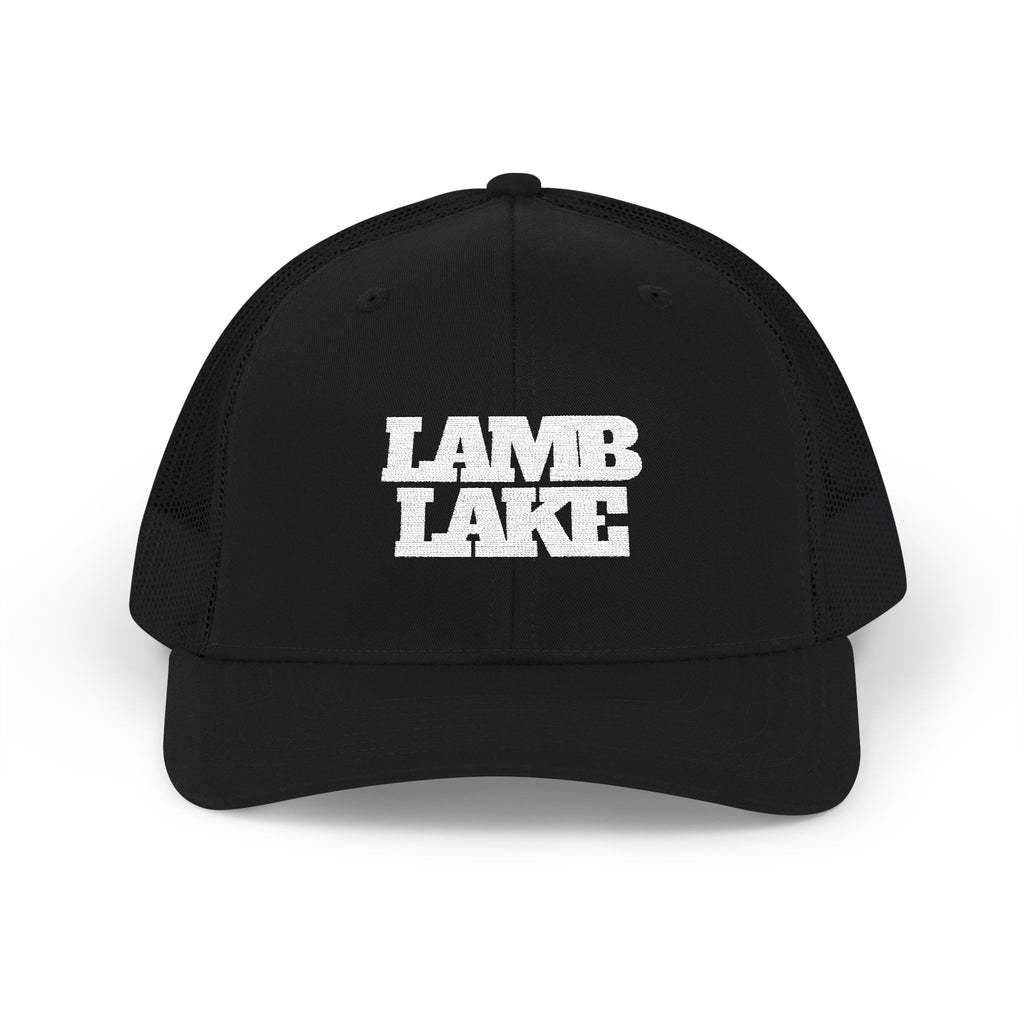Lamb Lake Trucker Hat — Vintage White Mesh Snapback Cap