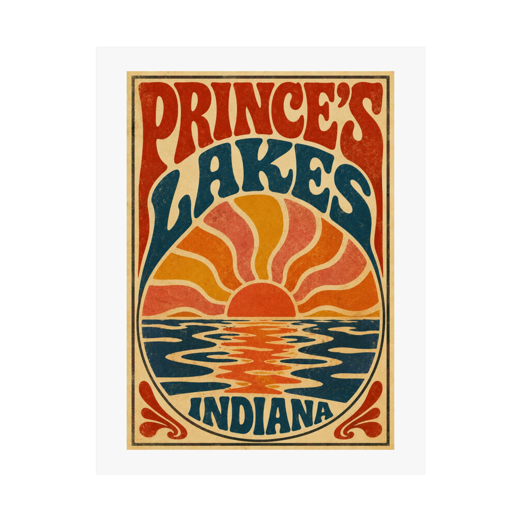 Prince's Lakes Indiana Groovy Sunset Poster — Matte Vertical Wall Art