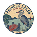 Prince's Lakes Round Vinyl Sticker — Vintage Heron Lake Scene