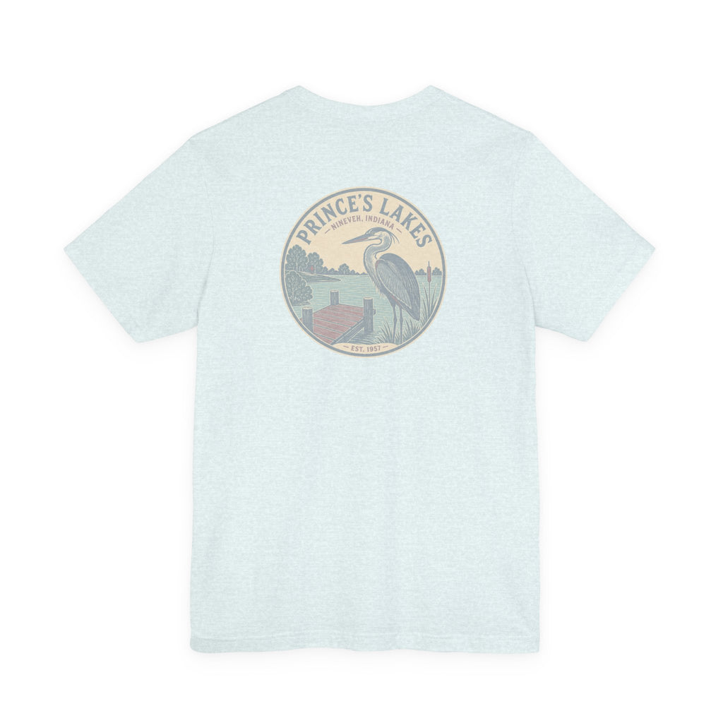 Prince's Lakes Great Blue Heron Graphic Tee — Vintage Nature Pocket & Back Print
