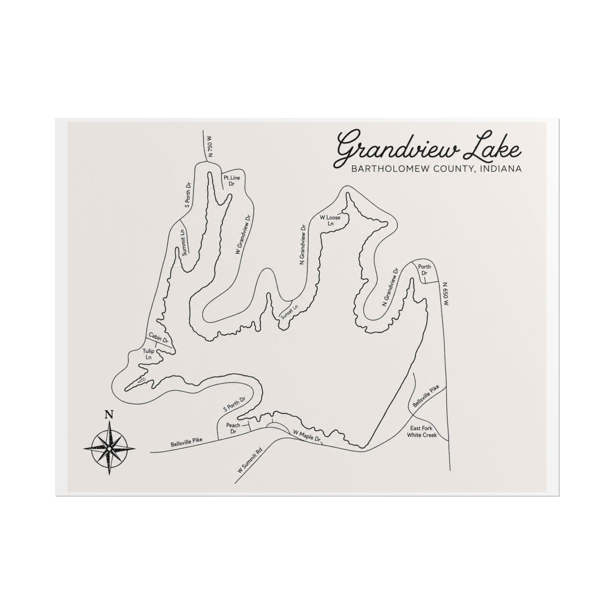 Grandview Lake Map Poster — Rolled Vintage Nautical Lake Map Wall Art