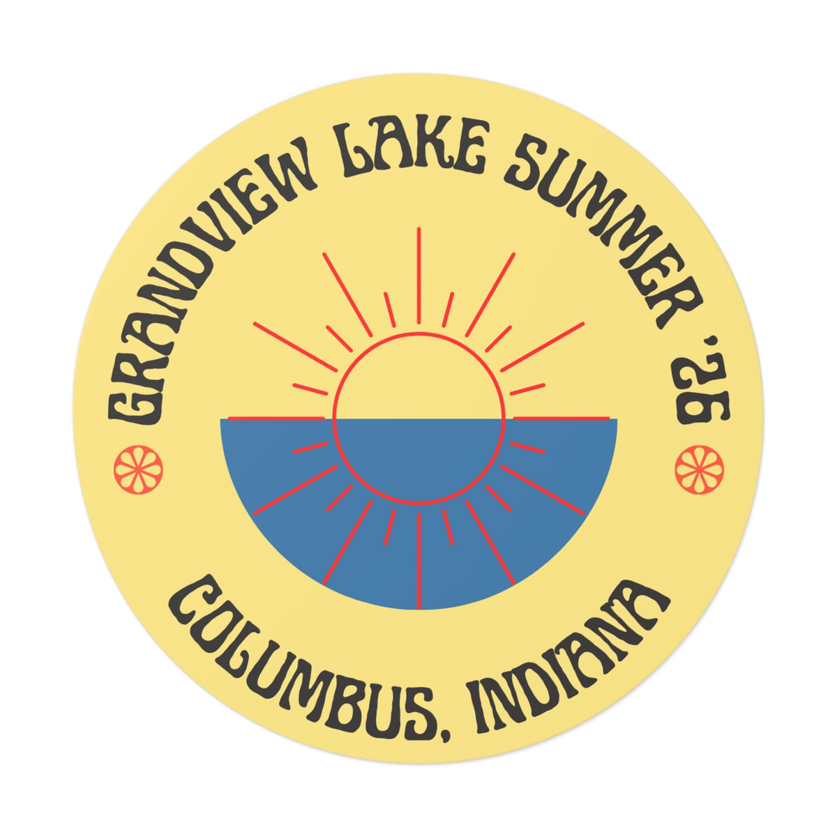 Grandview Lake Summer ’26 Round Vinyl Sticker — Columbus, Indiana Sun Logo