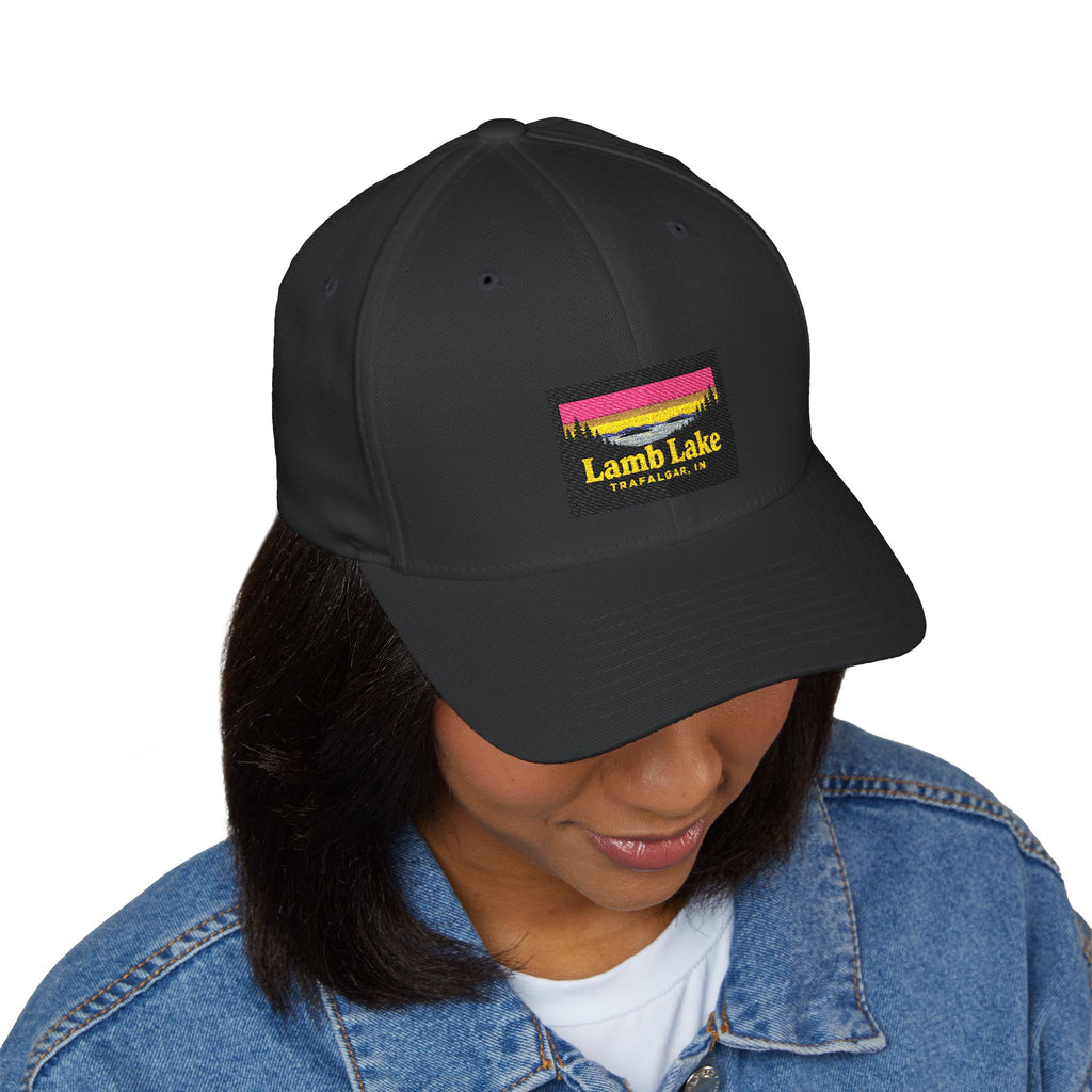 Lamb Lake Embroidered Cap — Scenic Lake Sunset Hat