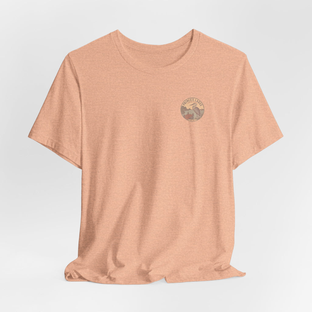Prince's Lakes Great Blue Heron Graphic Tee — Vintage Nature Pocket & Back Print