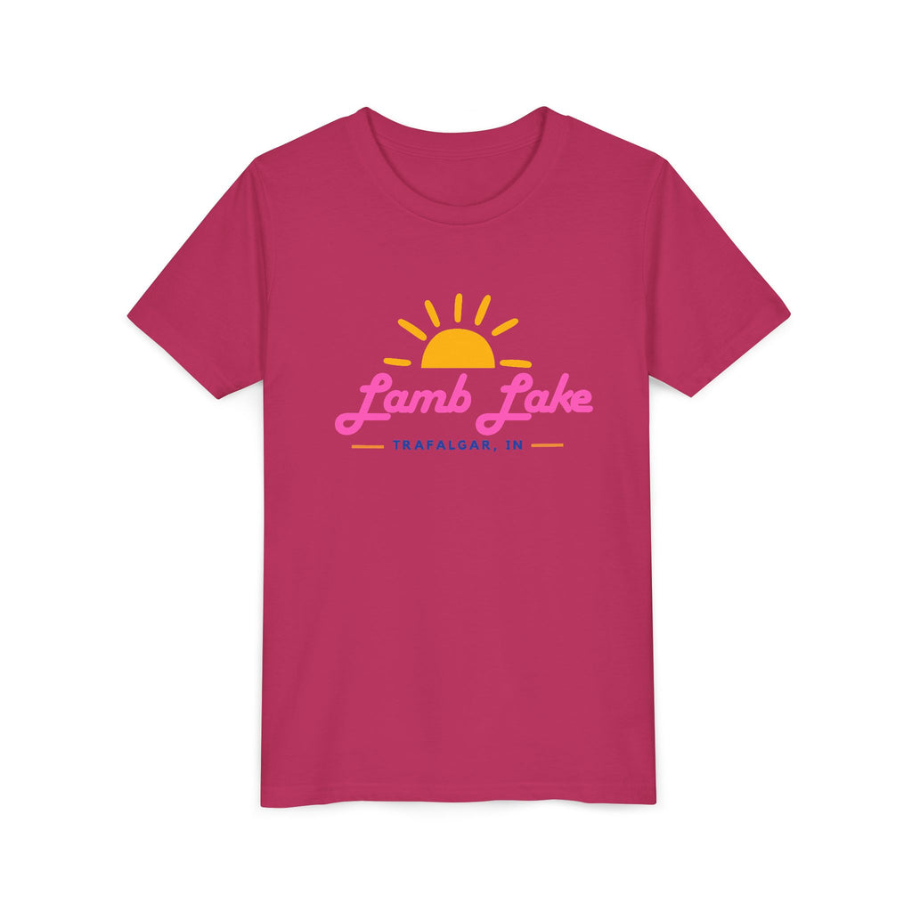 Youth Tee — Lamb Lake Retro Sunset Kids Shirt (Trafalgar, IN)