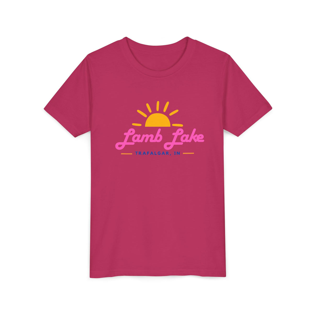 Youth Tee — Lamb Lake Retro Sunset Kids Shirt (Trafalgar, IN)