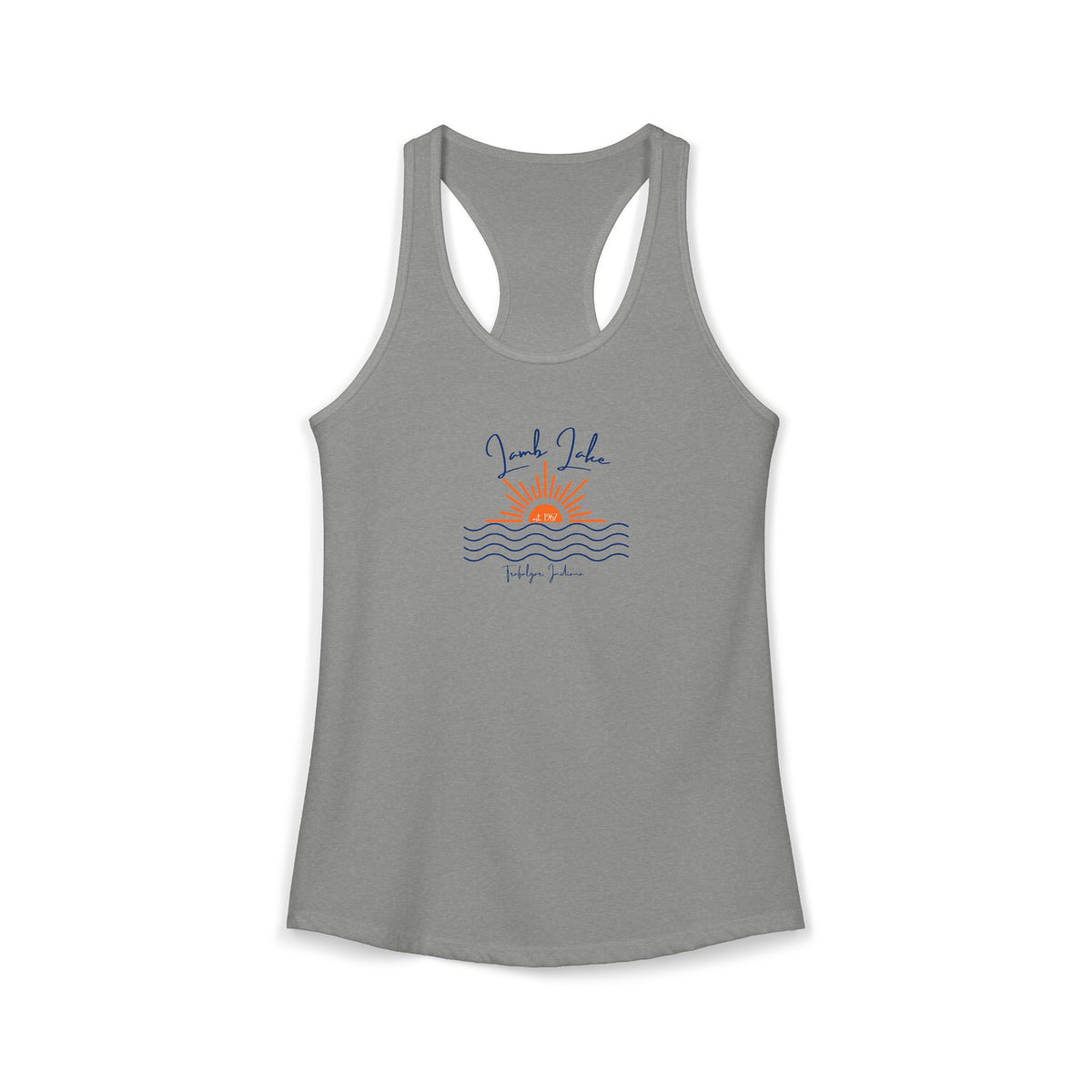 Women's Ideal Racerback Tank- Sun over Water "Lamb Lake" Script