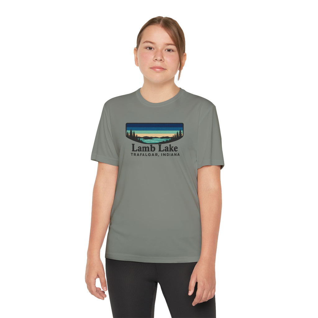 Youth Performance Tee — Lamb Lake Retro Sunset Camp Shirt