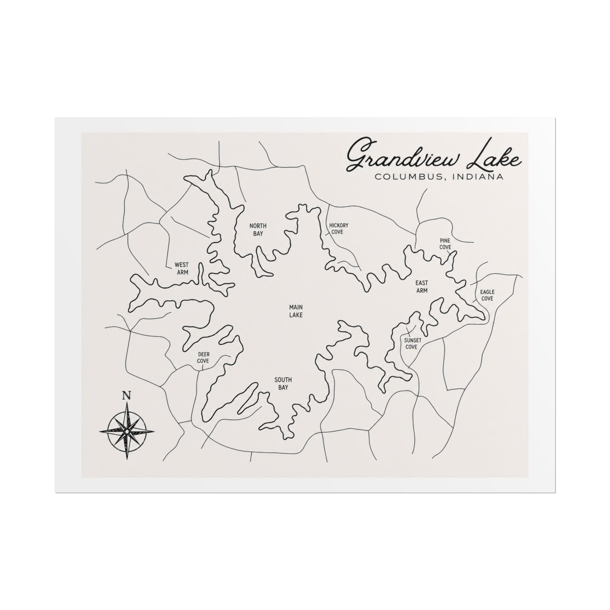 Grandview Lake Map Poster — Rolled Vintage Nautical Lake Map Wall Art