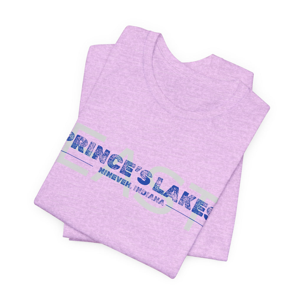 EAST Prince's Lakes, Indiana Tee — Vintage Blue Text Short Sleeve T-Shirt
