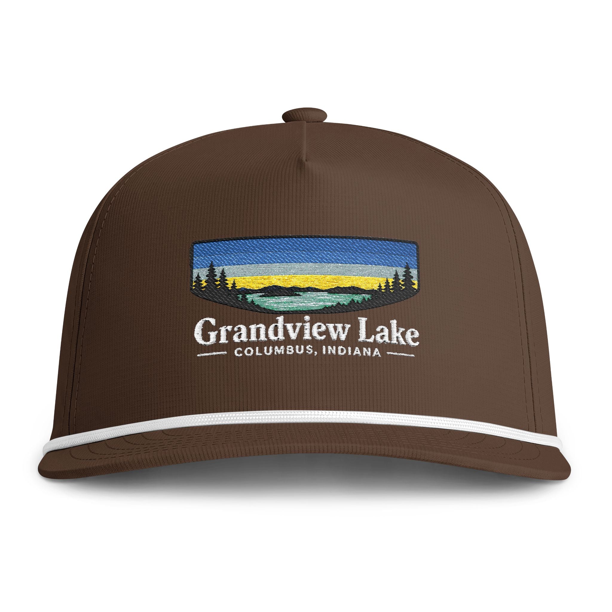 Sunset Lakes Rope Cap — Grandview Lake White Font Embroidered Trucker Hat
