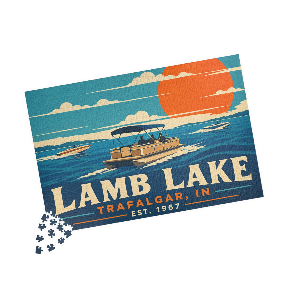 Lamb Lake Vintage Boat Puzzle — Trafalgar, IN Retro Lakeside Jigsaw (1014 pcs)