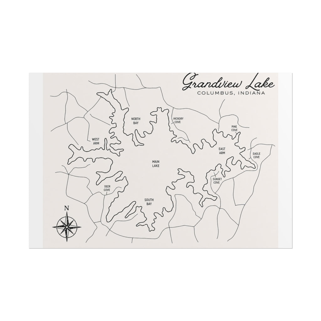 Grandview Lake Map Poster — Rolled Vintage Nautical Lake Map Wall Art