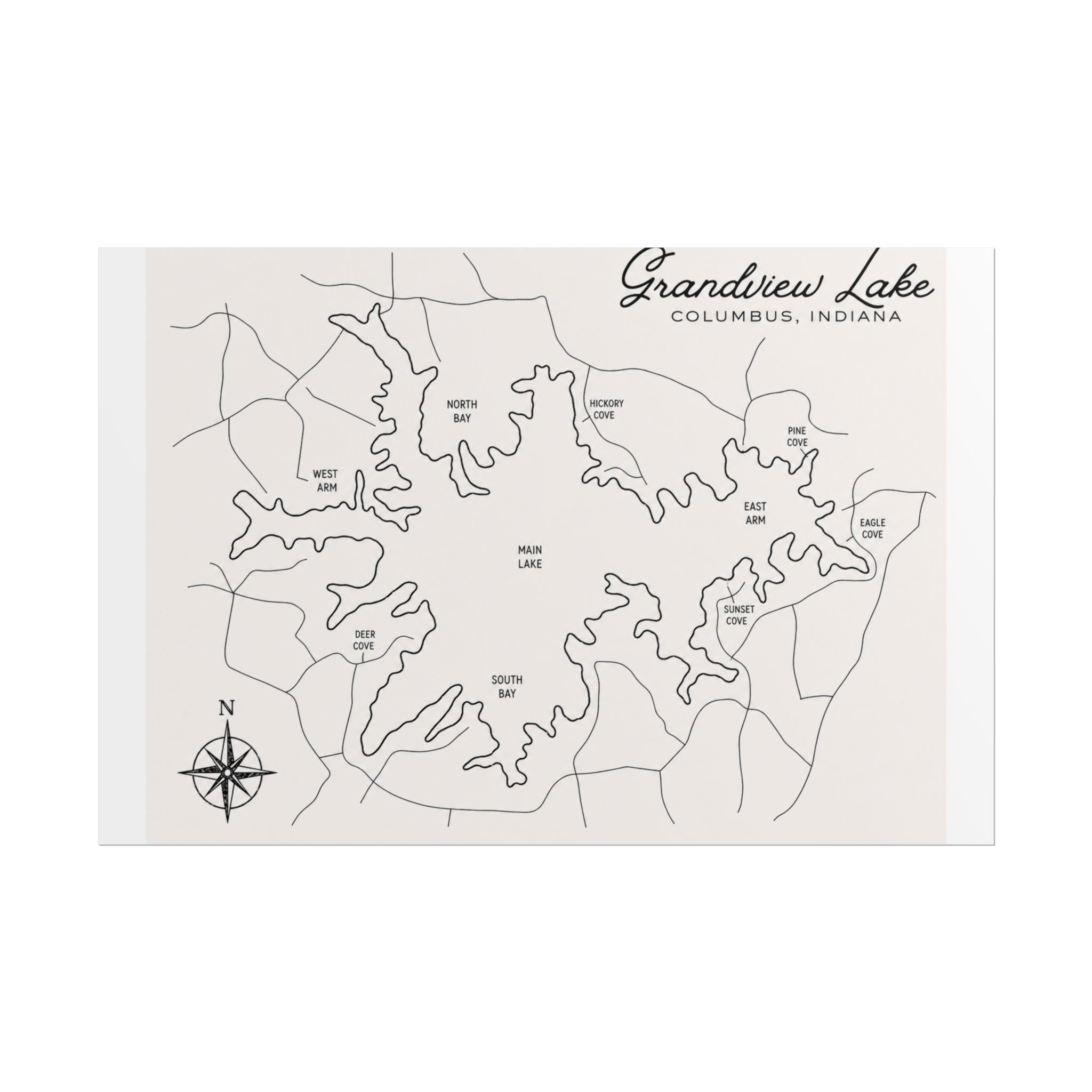 Grandview Lake Map Poster — Rolled Vintage Nautical Lake Map Wall Art