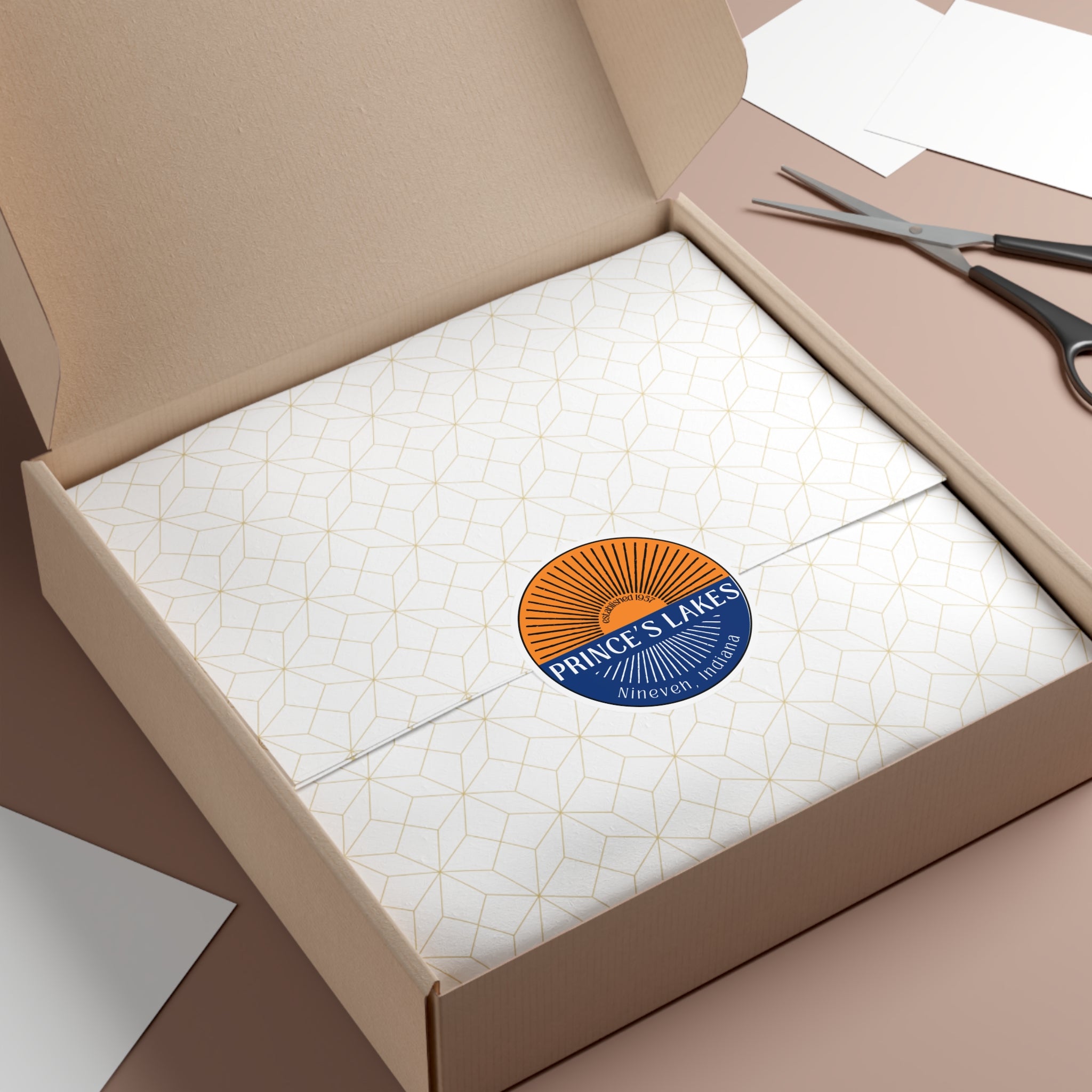 Prince's Lakes Round Vinyl Sticker — Nineveh, Indiana Split Sunrise Design
