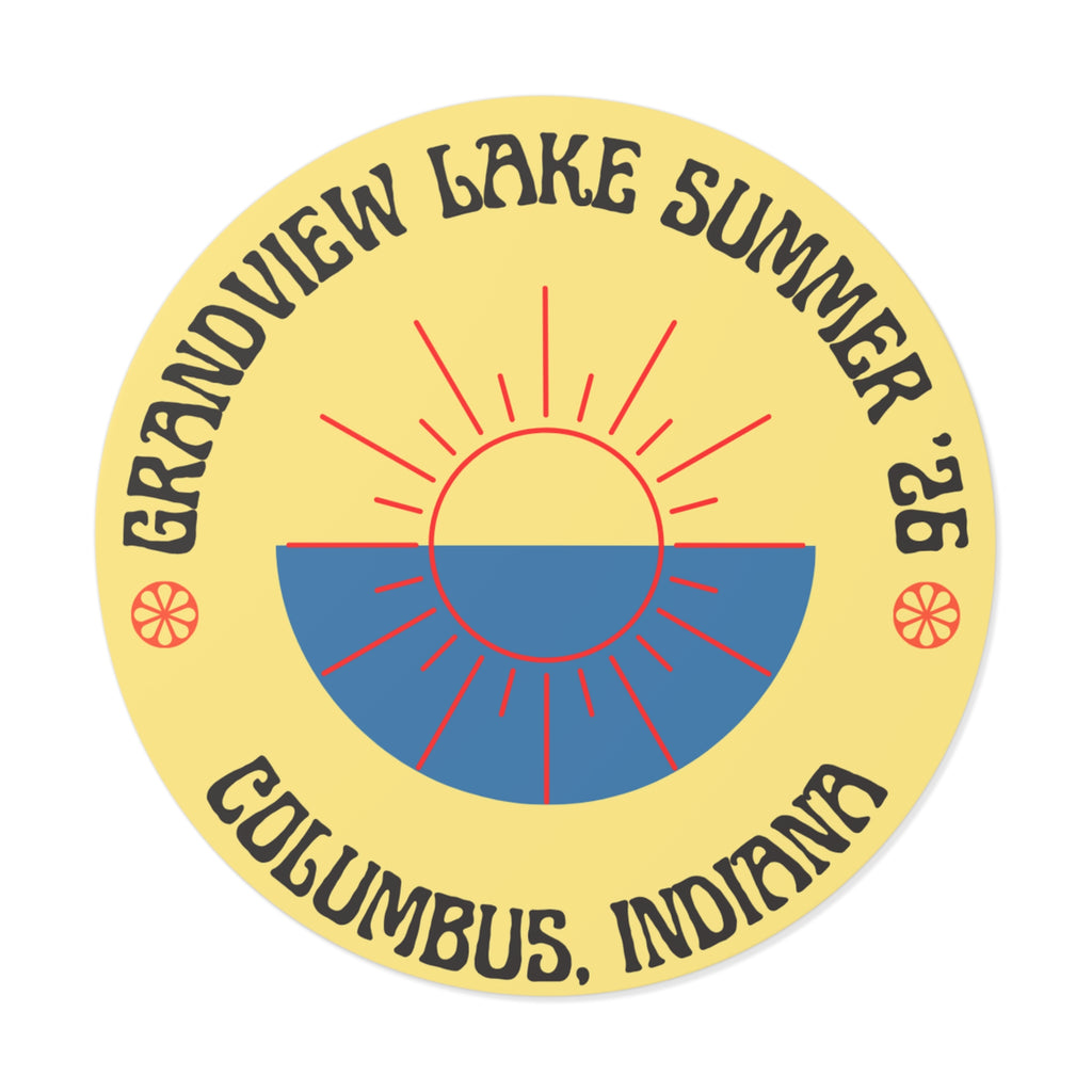 Grandview Lake Summer ’26 Round Vinyl Sticker — Columbus, Indiana Sun Logo