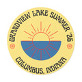 Grandview Lake Summer ’26 Round Vinyl Sticker — Columbus, Indiana Sun Logo