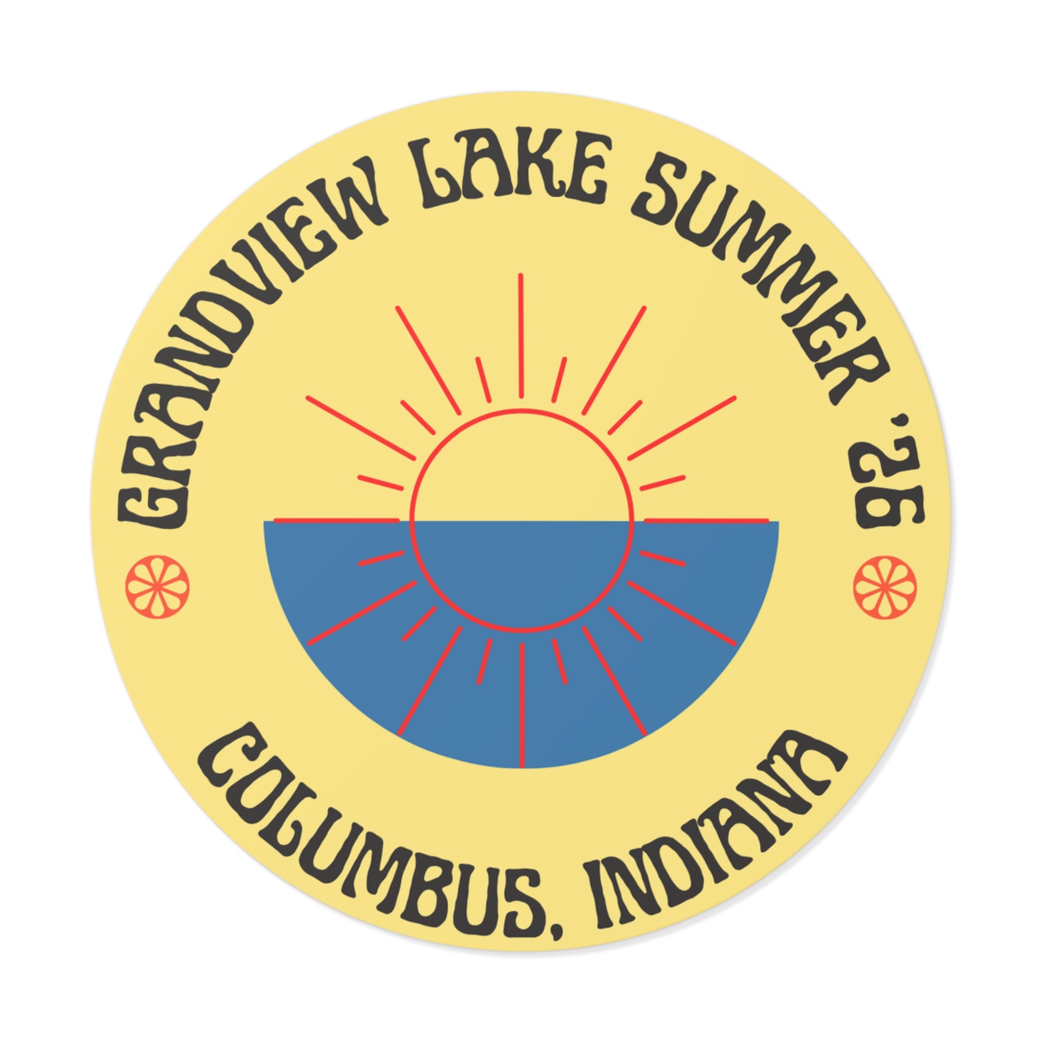 Grandview Lake Summer ’26 Round Vinyl Sticker — Columbus, Indiana Sun Logo