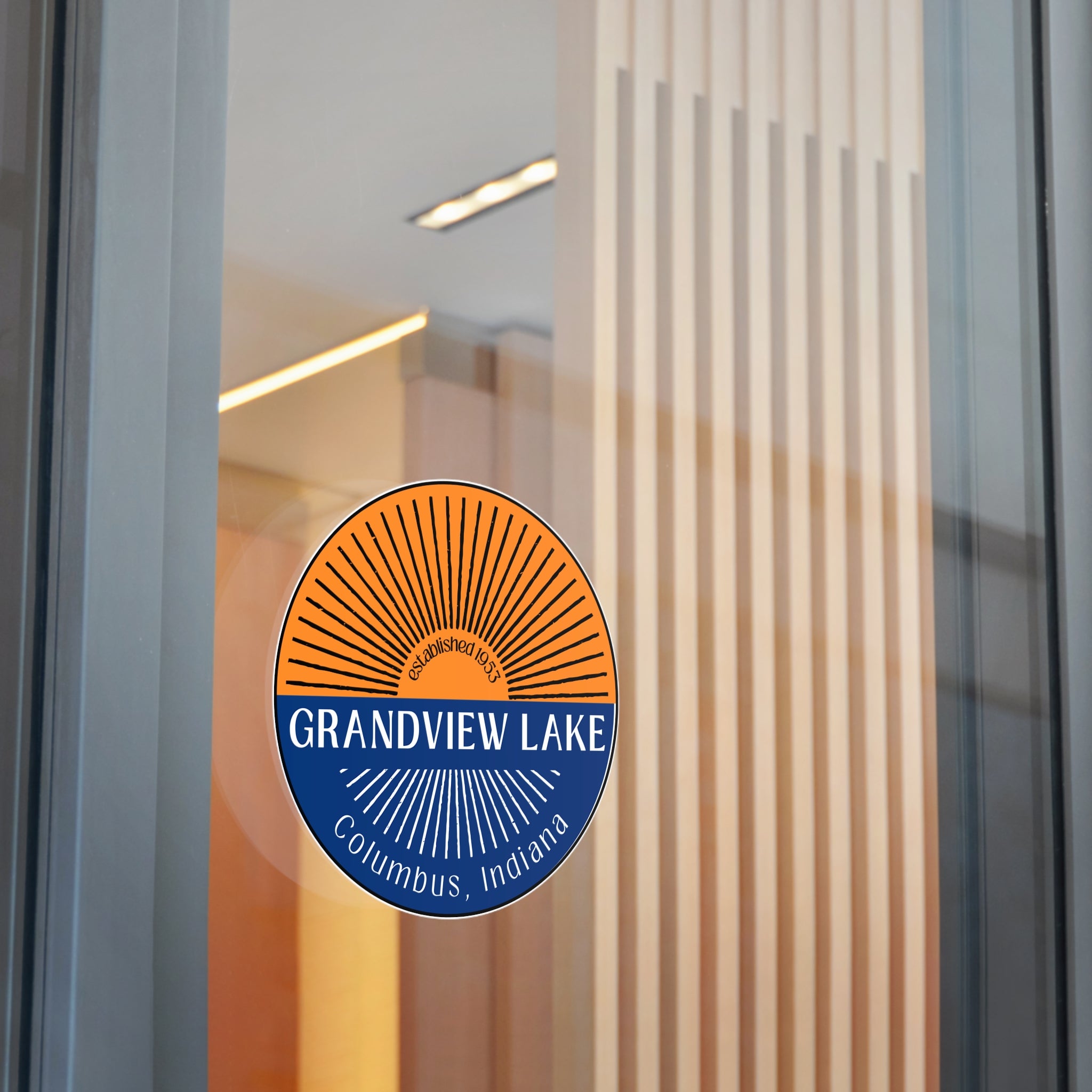 Grandview Lake Split Sun Round Vinyl Sticker — Columbus, Indiana (Established 1953)