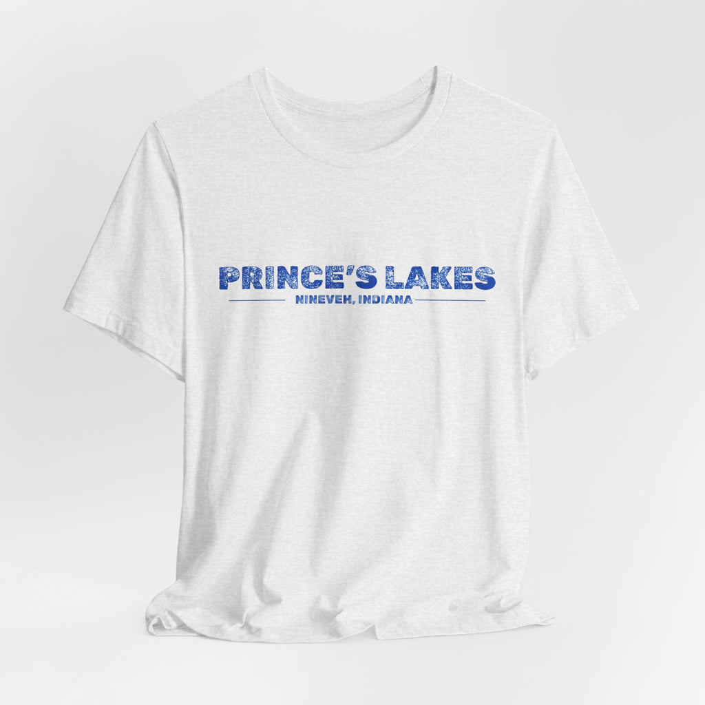 Prince's Lakes, Indiana Tee — Vintage Blue Text Short Sleeve T-Shirt
