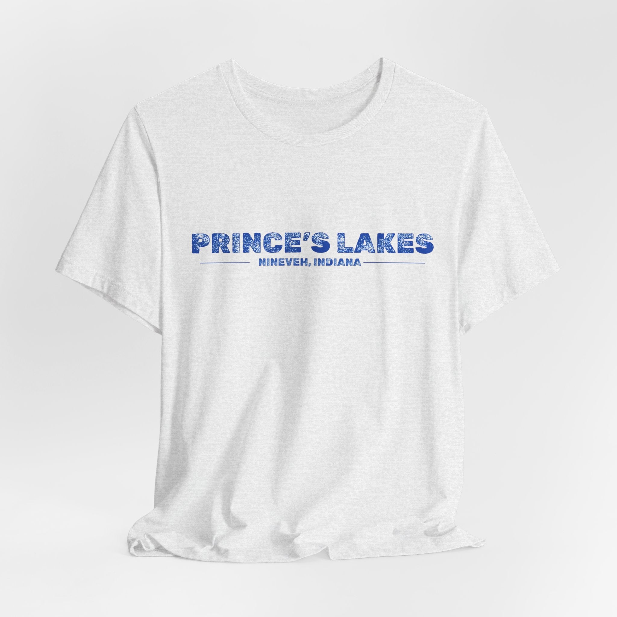 Prince's Lakes, Indiana Tee — Vintage Blue Text Short Sleeve T-Shirt