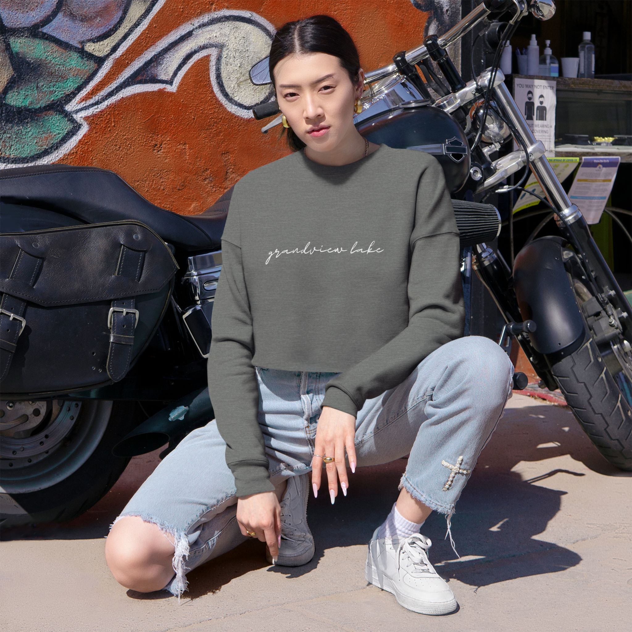 Cropped Hem Sweatshirt — 'grandview lake' Script Logo, Cozy Casual Pullover