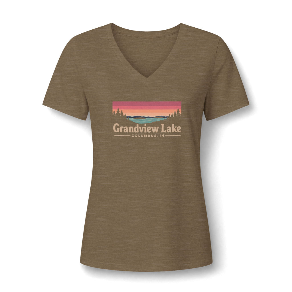Grandview Lake Women's V-Neck Tee — Sunset Lake Graphic